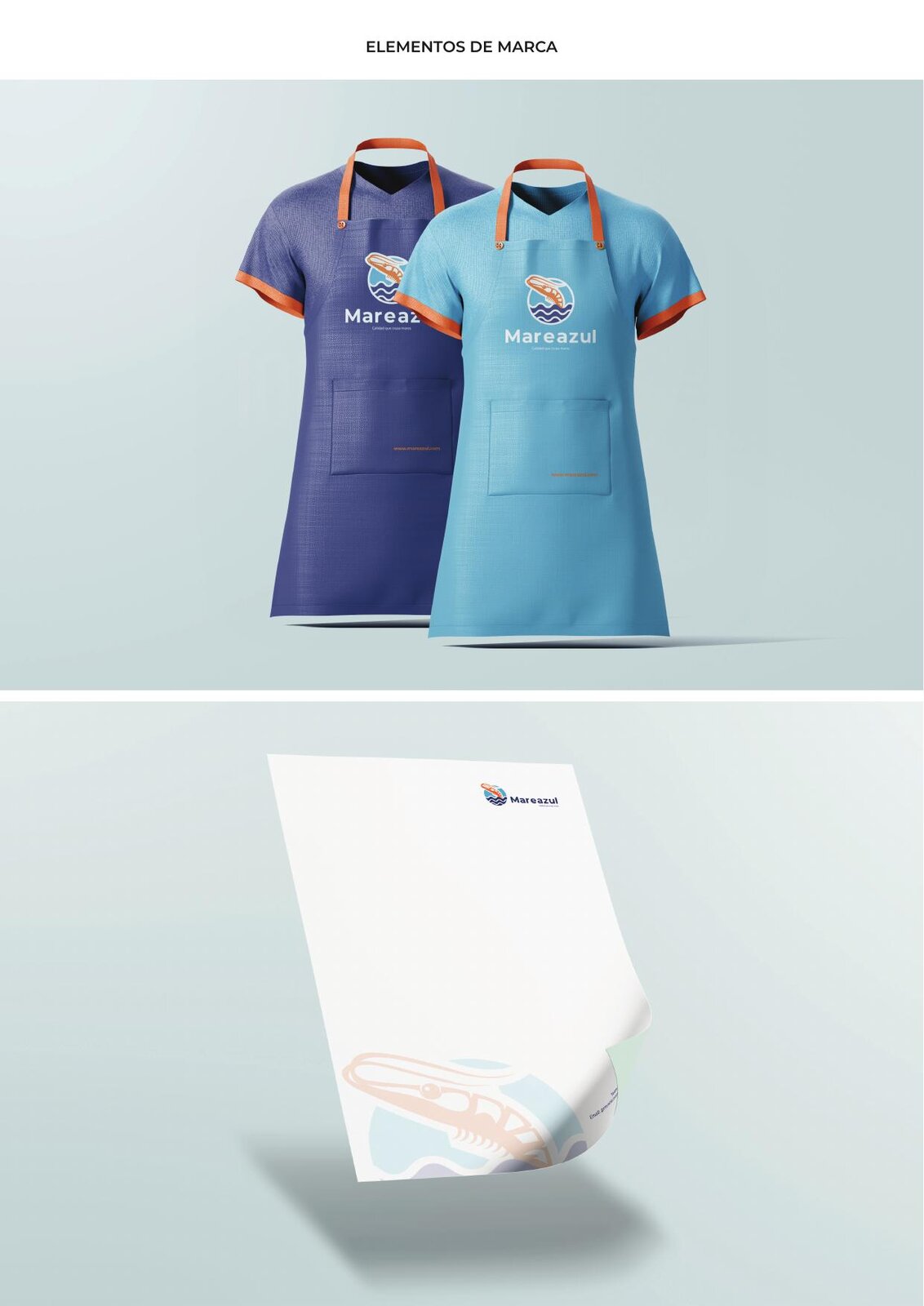 Aplicación de la identidad de Mareazul en indumentaria y papelería.