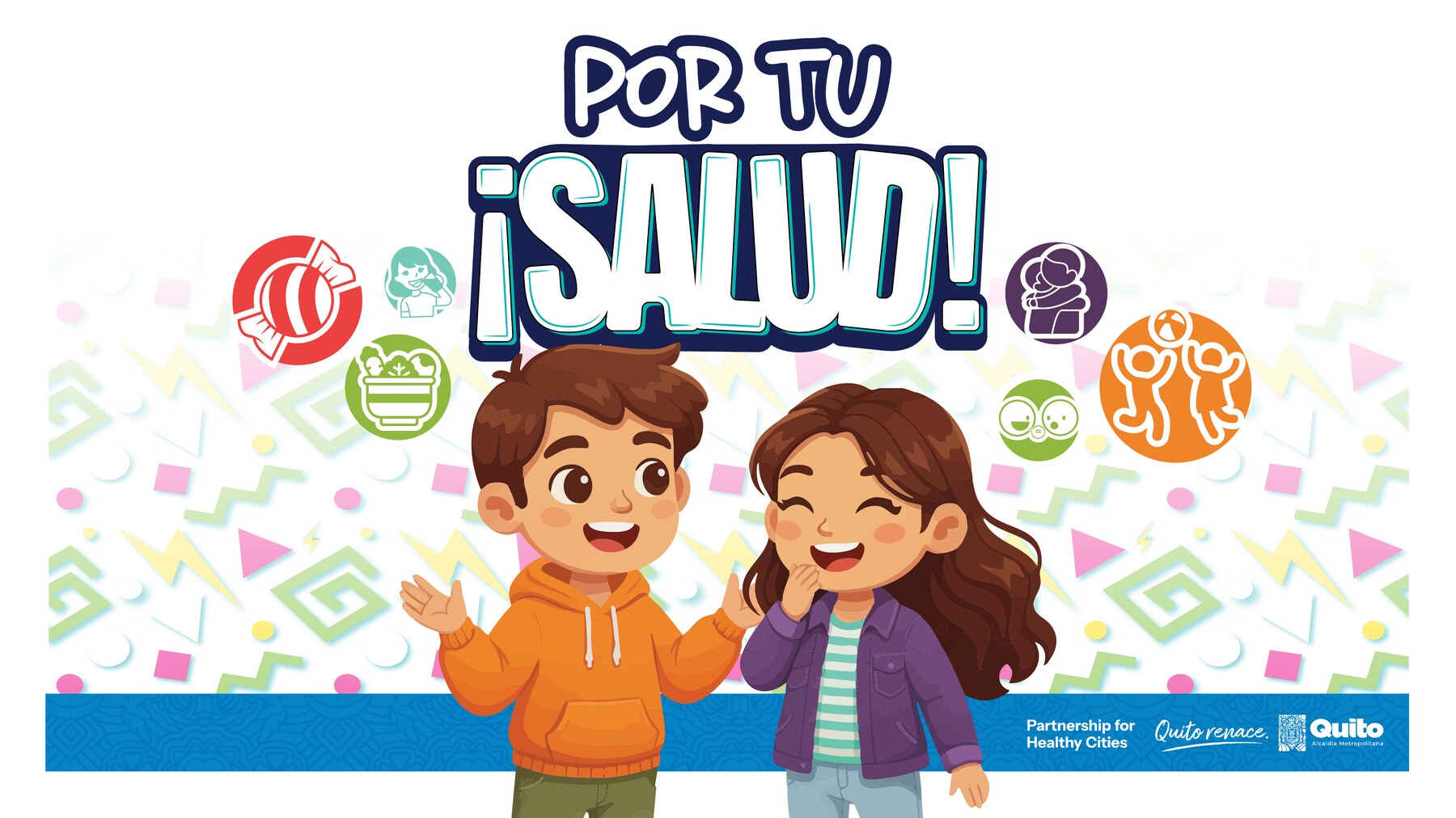 Identidad Por tu ¡Salud!: logotipo, personajes principales e iconografía de campaña.