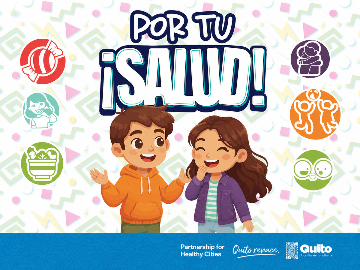 Municipio de Quito — identidad 'Por tu ¡Salud!': logotipo, dos personajes, íconos temáticos y franja institucional del Municipio de Quito.