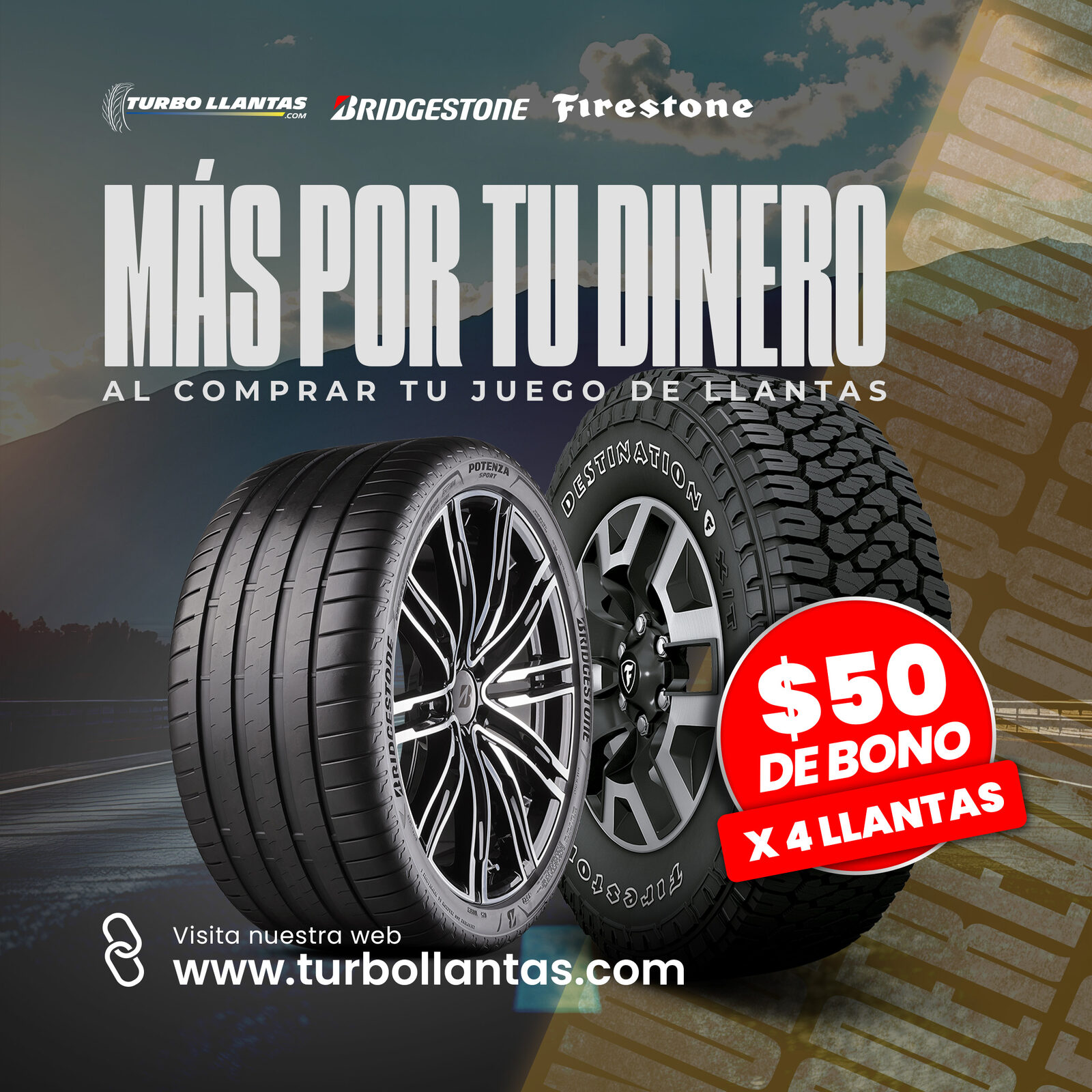 Promoción "Bono 50" multimarca, formato cuadrado.